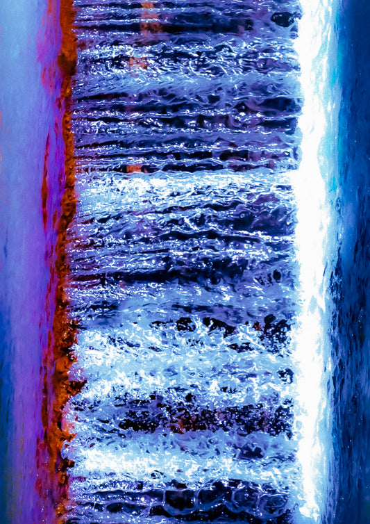 Fruit Bat Falls — fine art abstract photograph of a waterfall with vivid electric blue, deep purple, white and burnt orange tones, archival Australian waterfall print