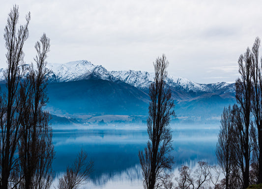 Lake Hayes — fine art photograph of a misty blue New Zealand lake with snow-capped mountains and bare winter poplar trees reflected in still water, archival landscape print