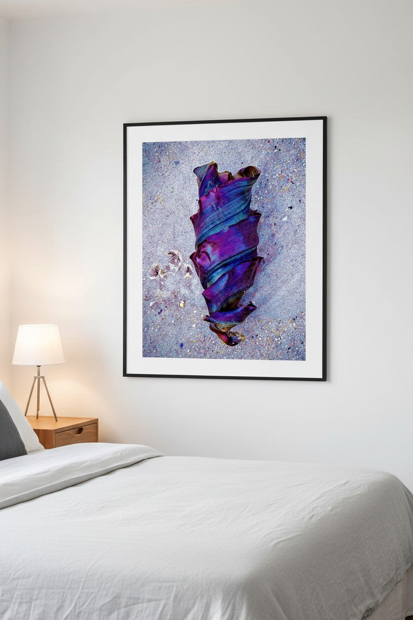Baby Shark Egg fine art print in a thin black frame beside a bed as a statement piece in a calm contemporary bedroom — unframed coastal wall art