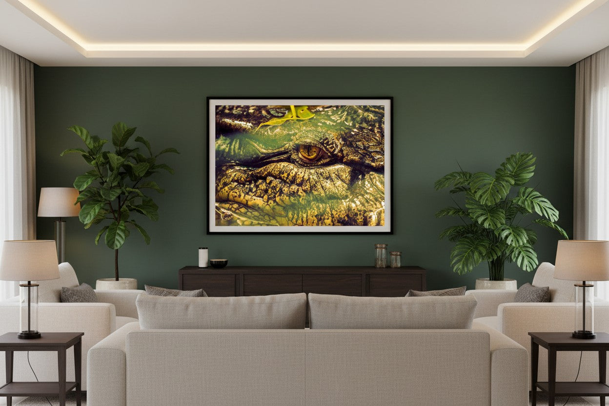 Ancient Watcher tropical wildlife fine art print in a thin black frame on a deep forest green feature wall in a sophisticated contemporary living room — unframed Australian crocodile wall art