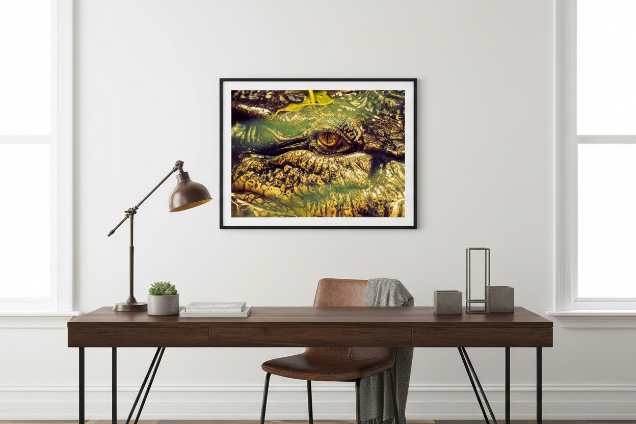 Ancient Watcher tropical wildlife fine art print in a thin black frame on a white wall in a bold contemporary home office with dark timber desk and leather chair — unframed wall art