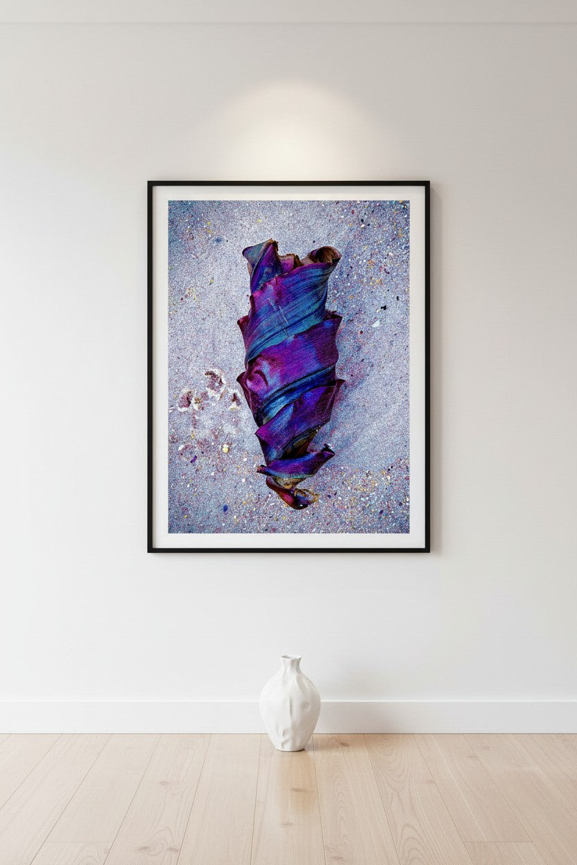 Baby Shark Egg fine art print in a thin black frame in a minimalist hallway with timber floors and sculptural vase — unframed portrait wall art