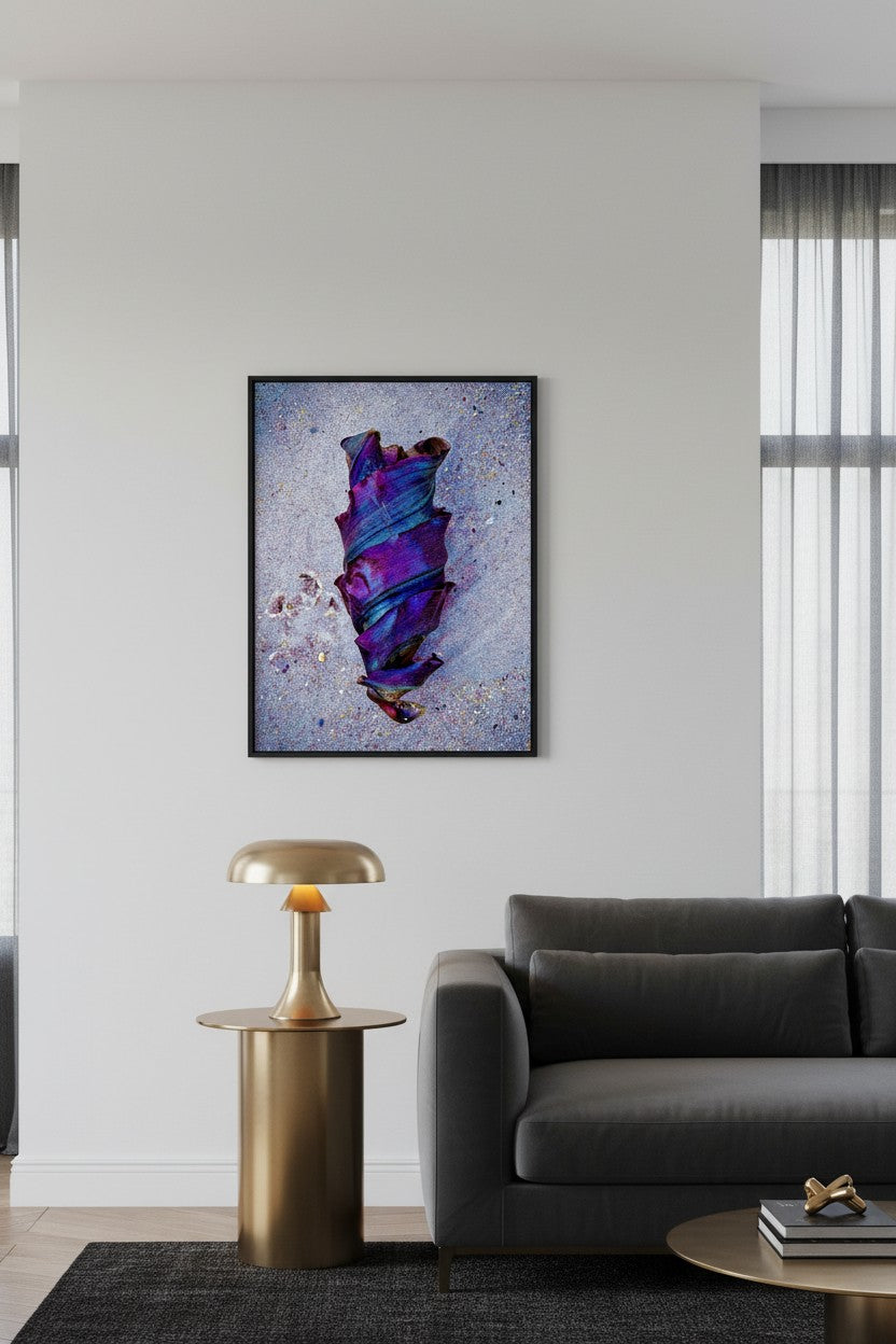 Baby Shark Egg fine art print in a thin black frame on a white wall in a bold contemporary living room with dark sofa and brass accents — unframed wall art