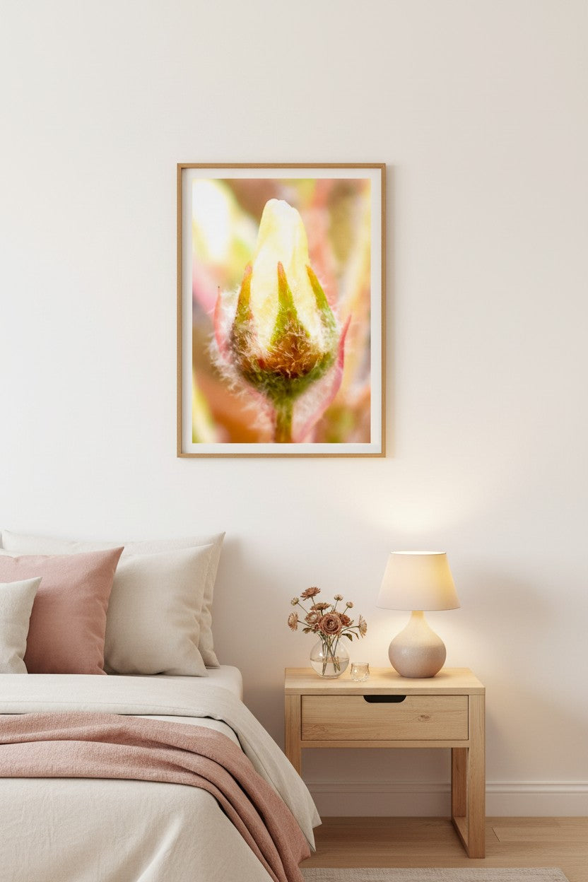 Butter Bud botanical fine art print in a thin timber frame beside a bed as a tall statement piece in a calm feminine bedroom with cream and blush linen — unframed wall art