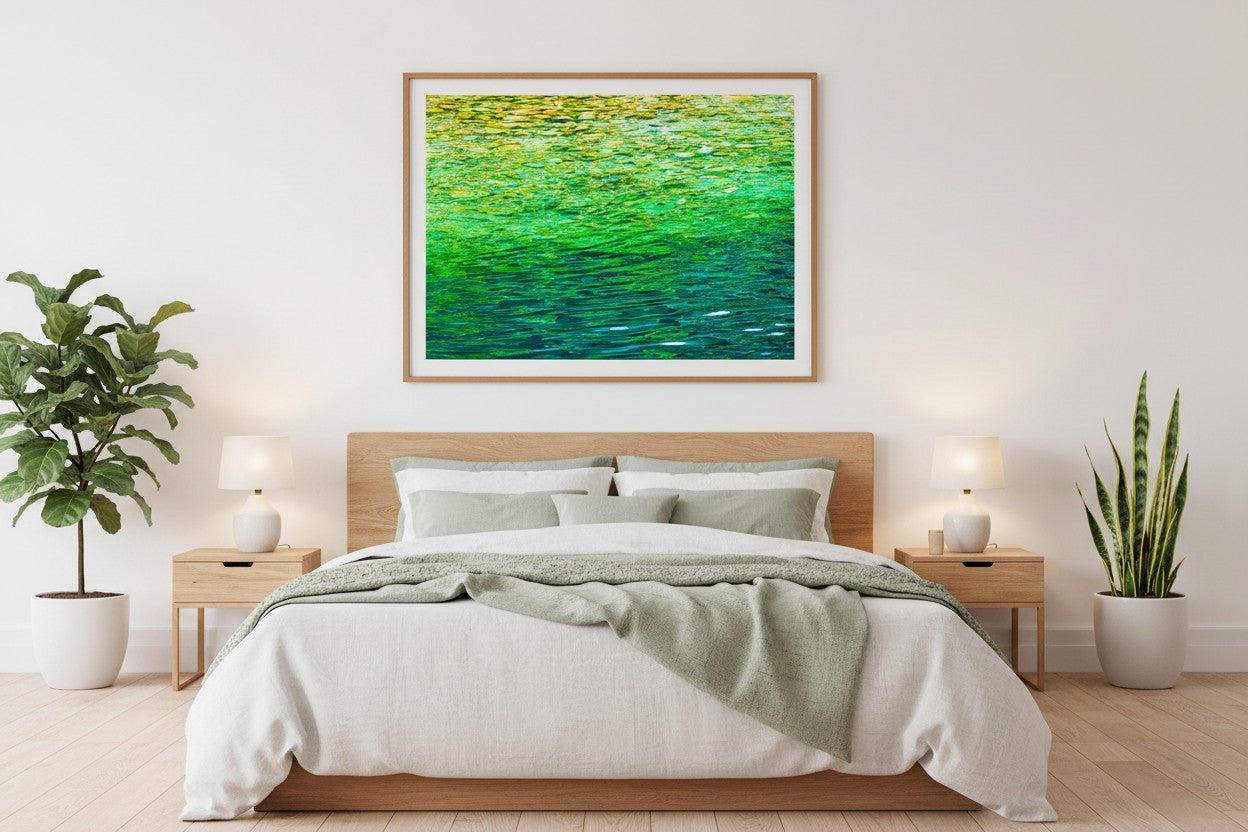 Crystal Creek fine art print in a thin timber frame above a bed in a calm nature-inspired bedroom with sage green linen and indoor plants — unframed wall art