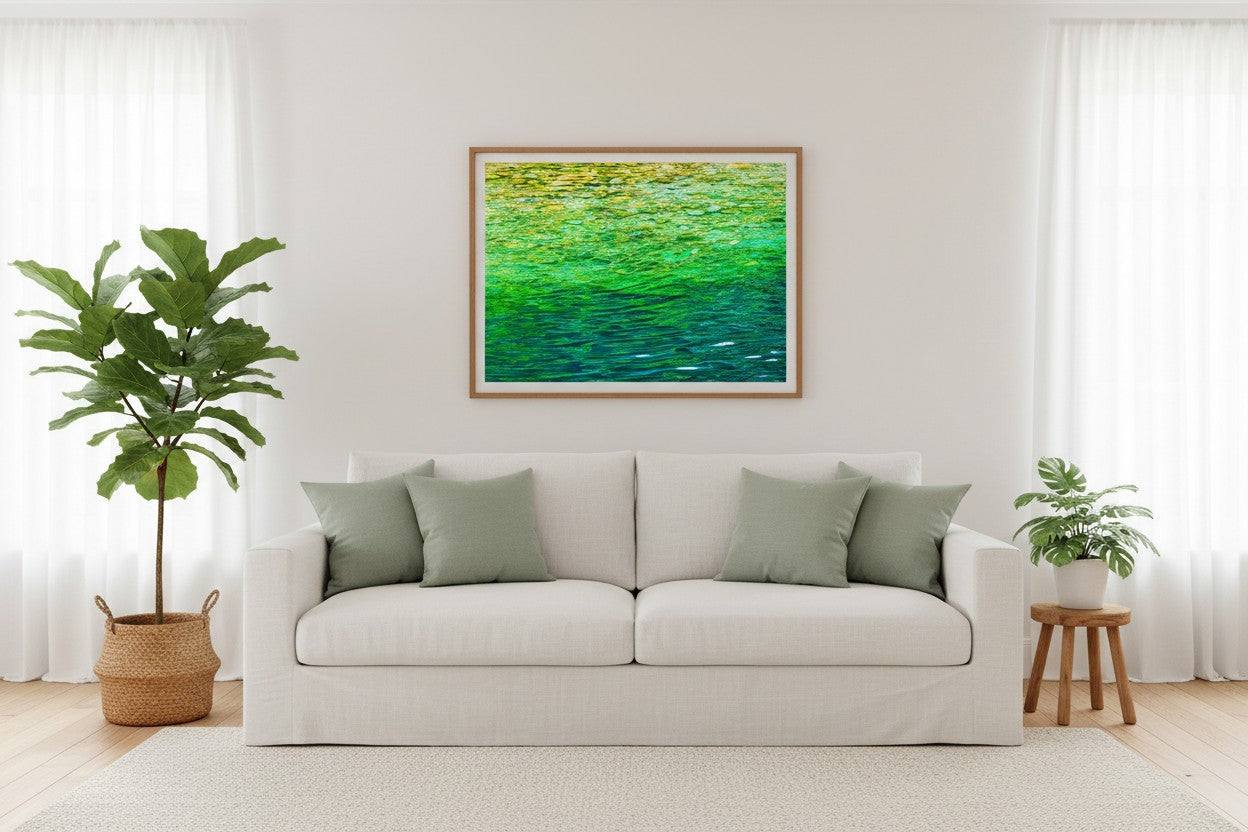 Crystal Creek fine art print in a thin timber frame above a white linen sofa in a bright fresh Australian living room with sage green accents — unframed wall art