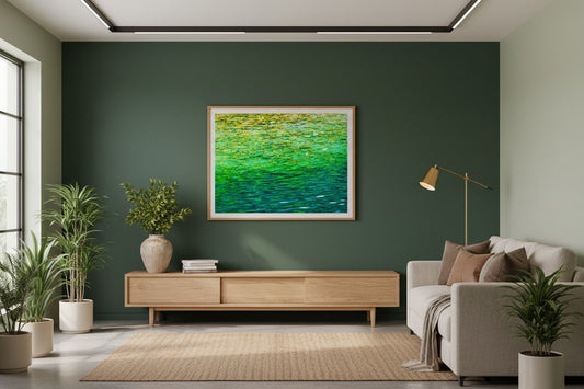 Crystal Creek fine art print in a thin timber frame on a deep forest green feature wall in a sophisticated contemporary living room — unframed water abstract wall art