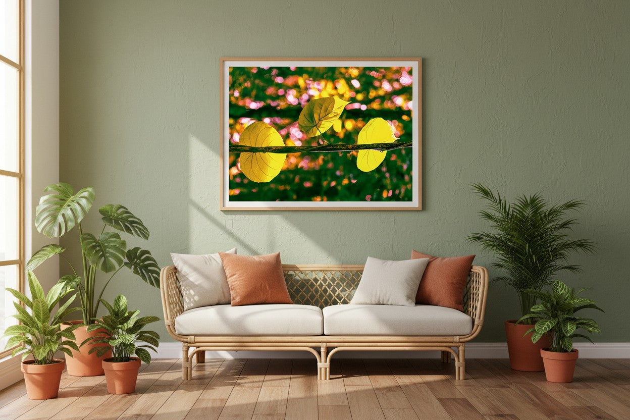 Daintree Vine abstract botanical fine art print in a thin timber frame above a rattan sofa in a bright tropical-inspired Australian living room with sage green walls — unframed wall art