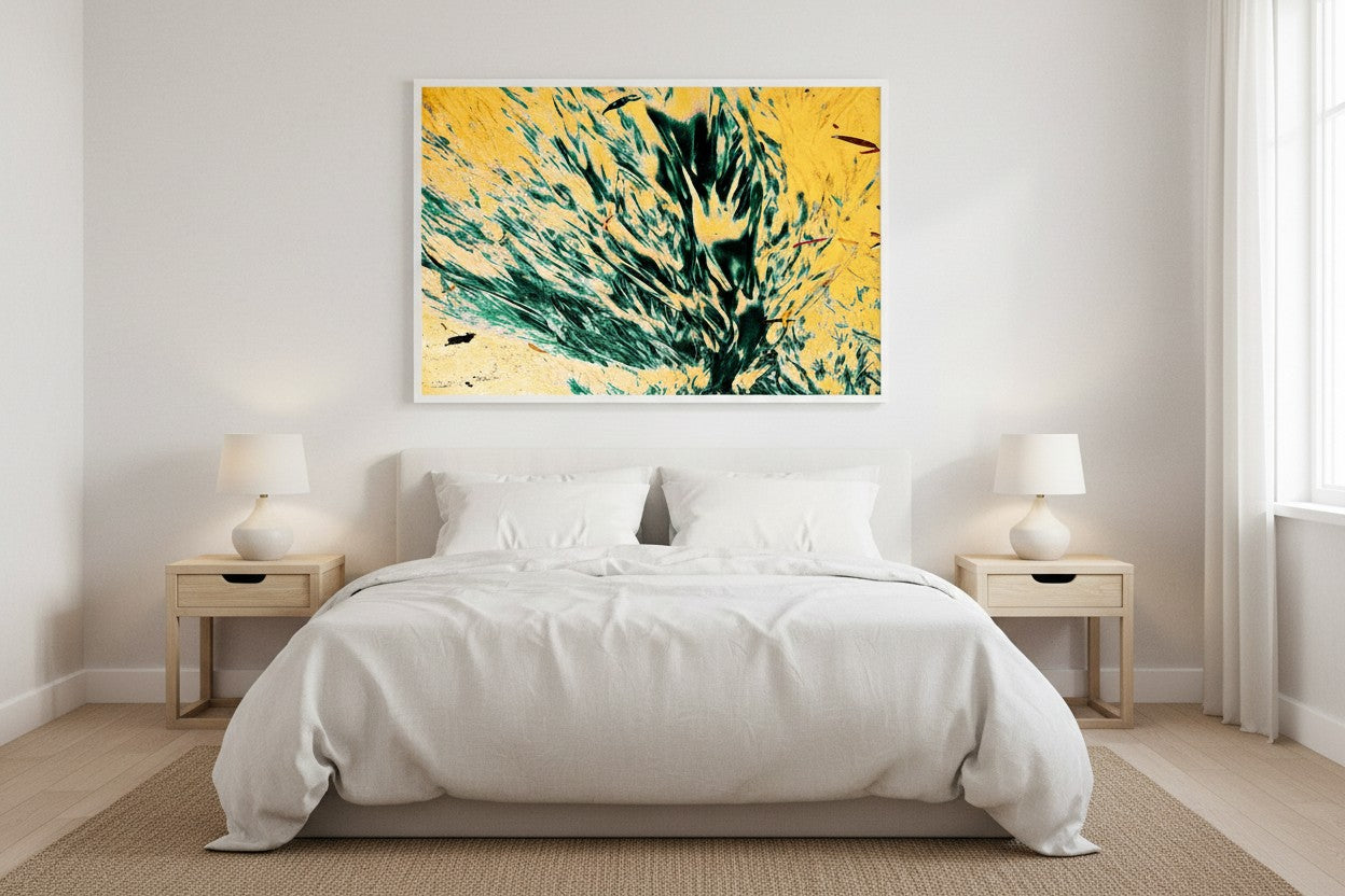 Elim Sand coastal fine art print in a bedroom above a white linen bedhead — unframed nature wall art