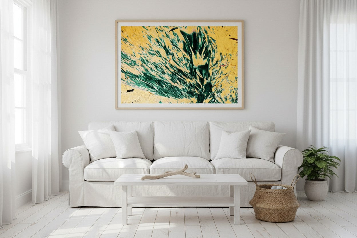 Elim Sand coastal fine art print displayed in a bright Australian living room above a white linen sofa — unframed wall art
