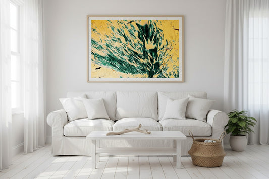 Elim Sand coastal fine art print displayed in a bright Australian living room above a white linen sofa — unframed wall art
