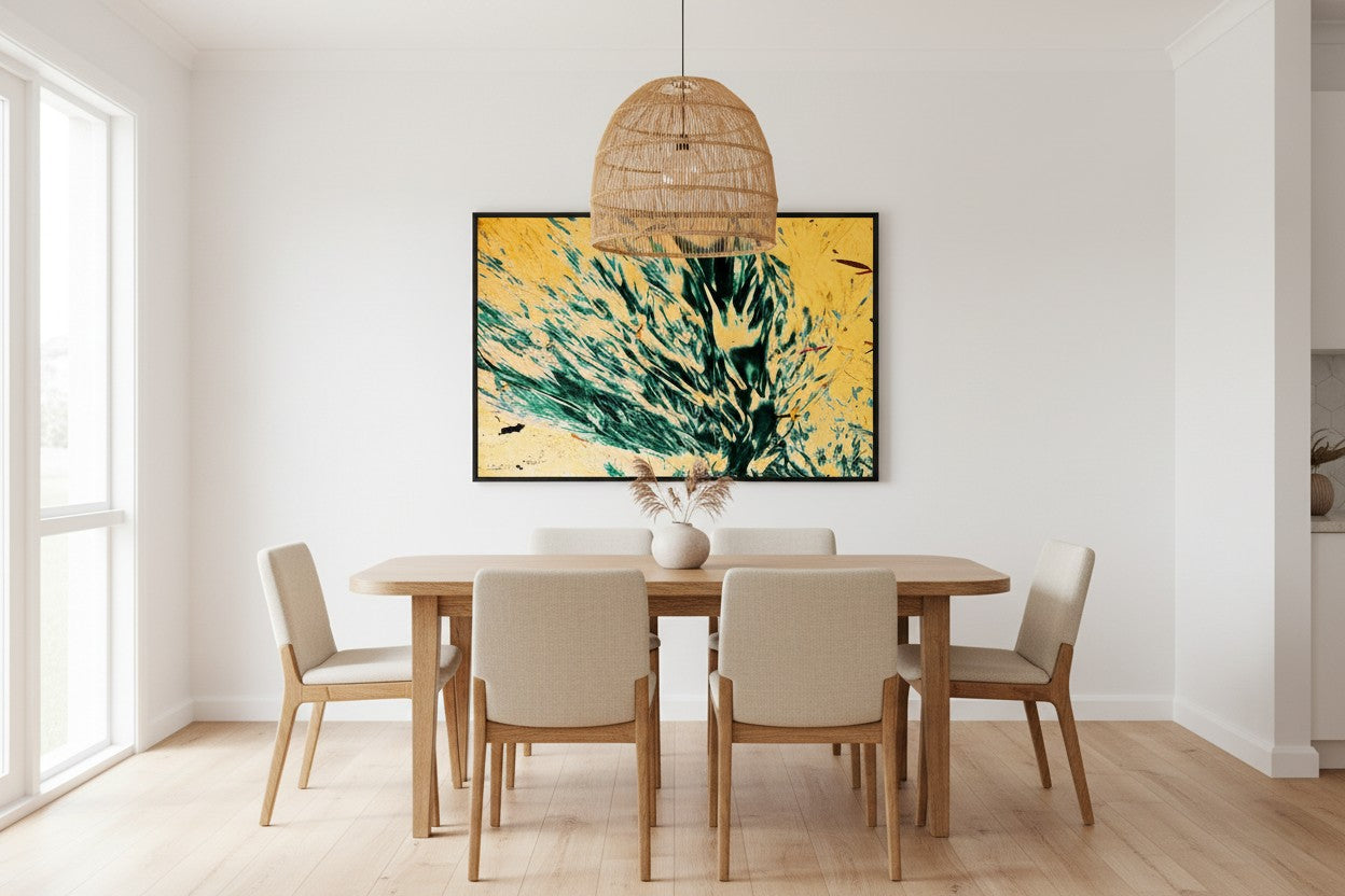 Elim Sand fine art print in an open-plan coastal dining room with rattan pendant light — unframed wall art