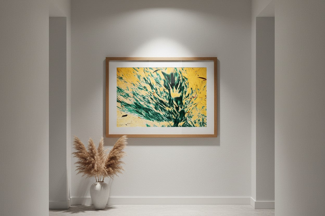 Elim Sand fine art print in a minimalist hallway with pampas grass — unframed coastal wall art