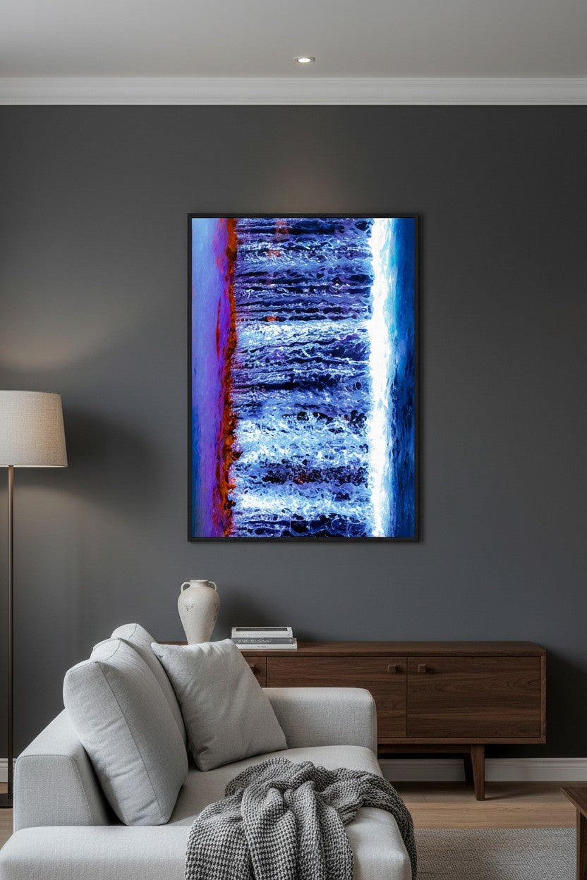 Fruit Bat Falls abstract waterfall fine art print in a thin black frame on a deep charcoal feature wall in a sophisticated moody living room — unframed Queensland waterfall wall art