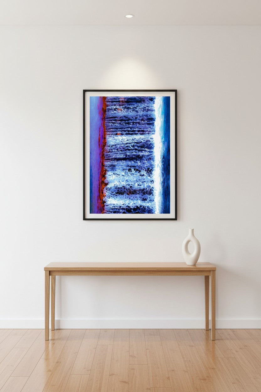 Fruit Bat Falls abstract waterfall fine art print in a thin black frame in a bright minimalist hallway above a slim console table — unframed portrait wall art