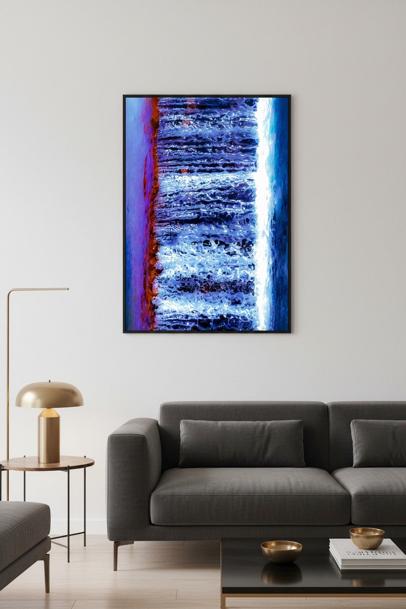 Fruit Bat Falls abstract waterfall fine art print in a thin black frame on a white wall in a bold contemporary living room with dark sofa and brass accents — unframed wall art