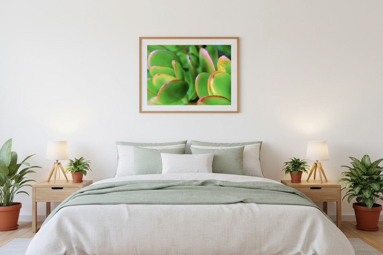 Good Luck botanical fine art print in a thin timber frame above a bed in a calm nature-inspired bedroom with sage green linen and indoor plants — unframed wall art