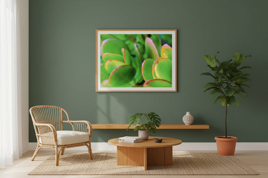 Good Luck botanical fine art print in a thin timber frame on a sage green feature wall in a bright contemporary living room — unframed jade plant wall art