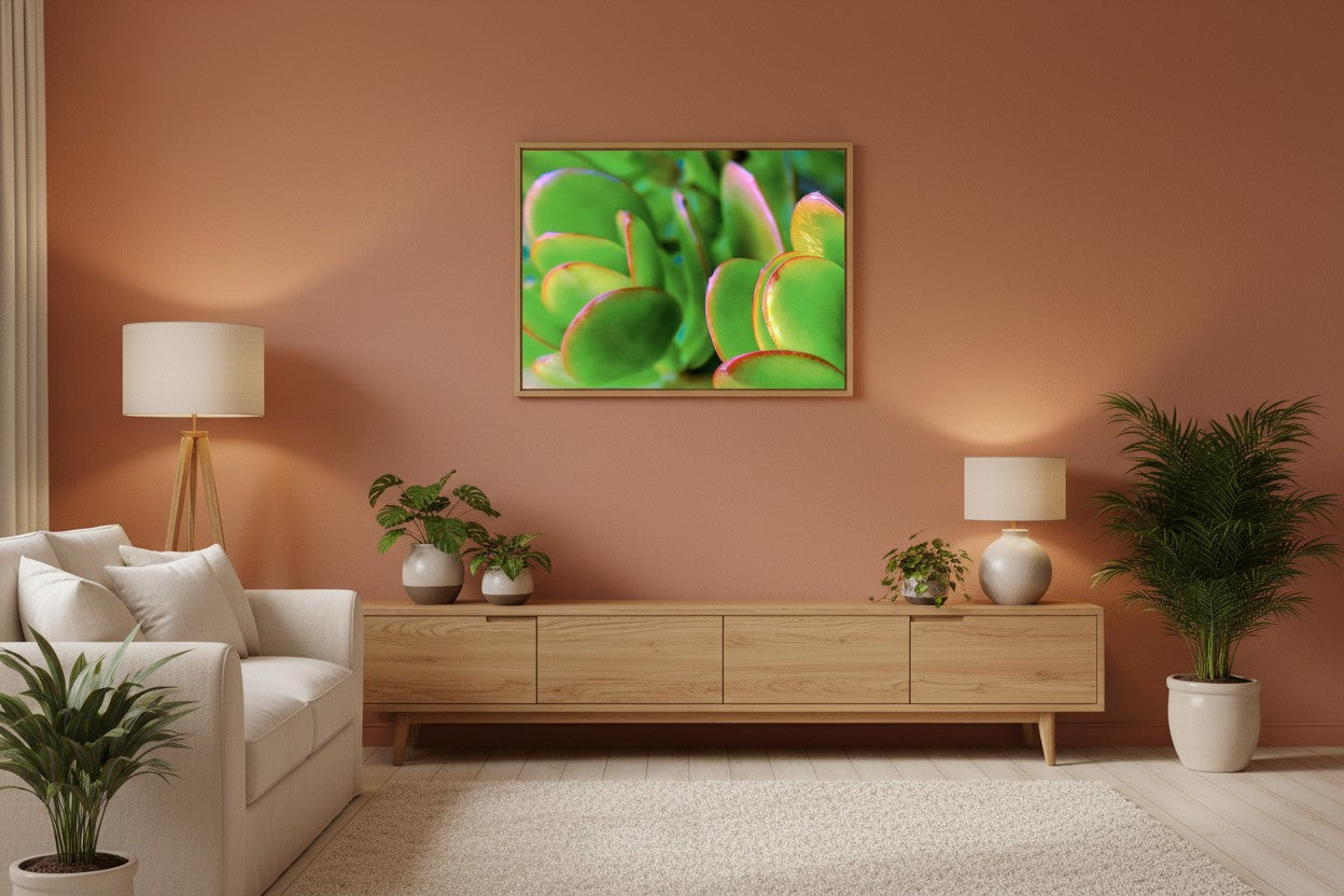 Good Luck botanical fine art print in a thin timber frame on a warm terracotta feature wall in a sophisticated contemporary living room — unframed jade plant wall art