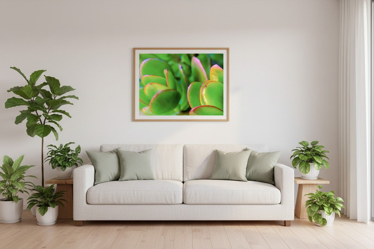 Good Luck botanical fine art print in a thin timber frame above a white linen sofa in a bright fresh Australian living room with sage green accents — unframed wall art