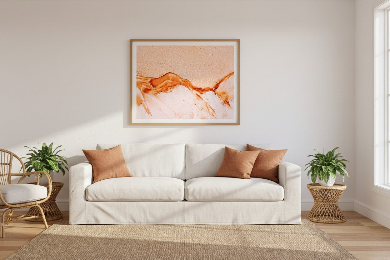 K'gari Sand fine art print in a thin timber frame above a white linen sofa in a bright coastal Australian living room with rattan furniture and terracotta accents — unframed wall art