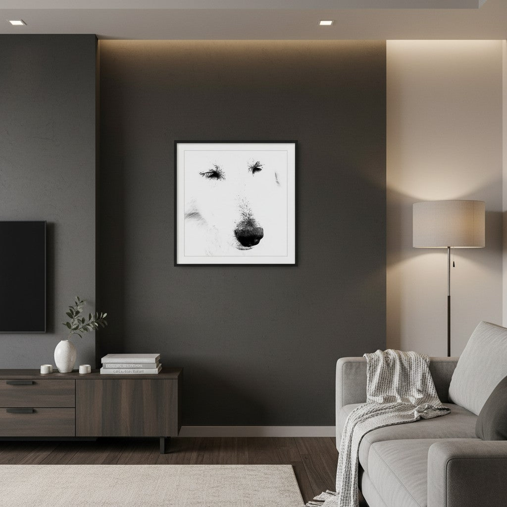 Mystery fine art Maremma portrait in a thin black frame on a deep charcoal feature wall in a sophisticated contemporary living room — unframed black and white dog wall art