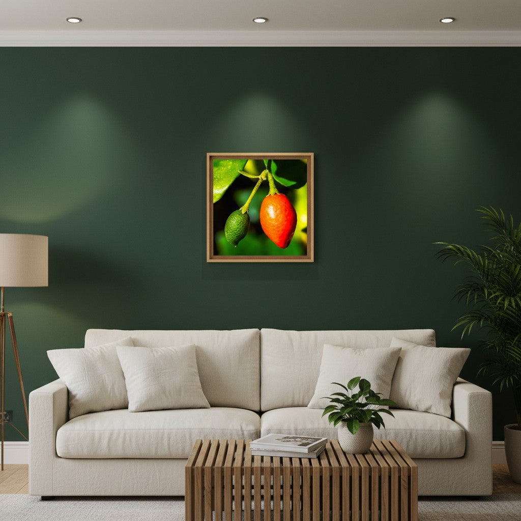 Ripening fine art print in a thin timber frame on a deep forest green feature wall in a sophisticated contemporary living room — unframed botanical fruit wall art