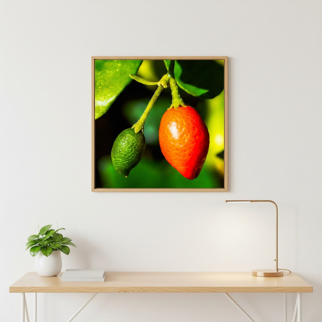 Ripening fine art print in a thin timber frame above a timber desk in a bright minimalist home office with a small potted plant — unframed botanical wall art