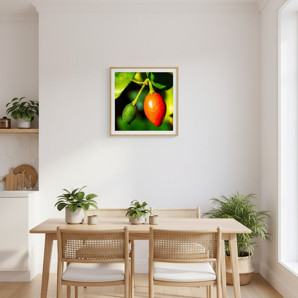 Ripening fine art print in a thin timber frame on a white wall in a bright contemporary kitchen and dining area with rattan chairs and indoor plants — unframed wall art
