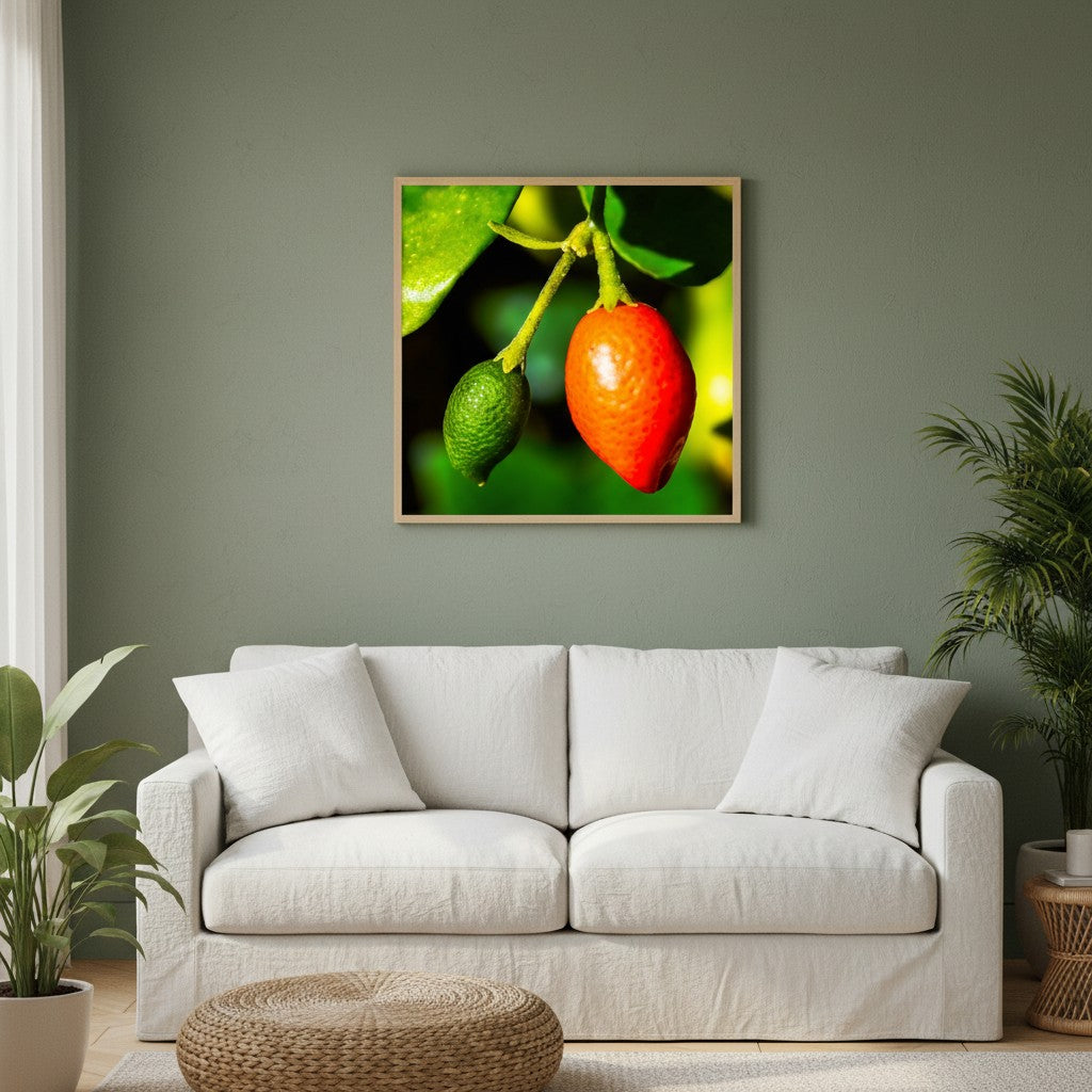 Ripening fine art print in a thin timber frame on a sage green feature wall in a bright contemporary living room with white linen and rattan accents — unframed botanical wall art