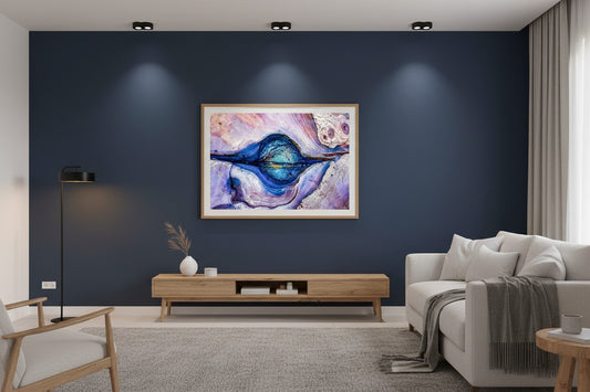 Rock Pool abstract coastal fine art print in a thin timber frame on a deep navy feature wall in a sophisticated contemporary living room — unframed coastal abstract wall art