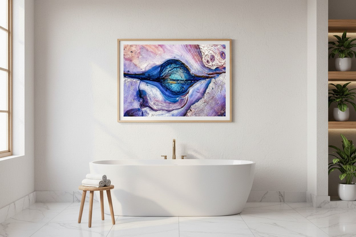Rock Pool abstract coastal fine art print in a thin timber frame above a freestanding bathtub in a luxurious spa-style bathroom with marble tiles and green plants — unframed wall art