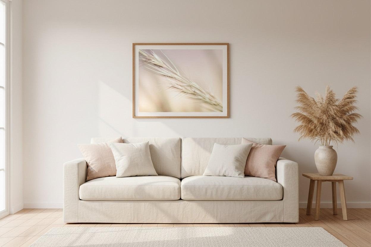 Soft Stillness fine art print in a thin timber frame above a cream linen sofa in a bright Scandinavian-inspired living room with dried pampas grass — unframed neutral wall art