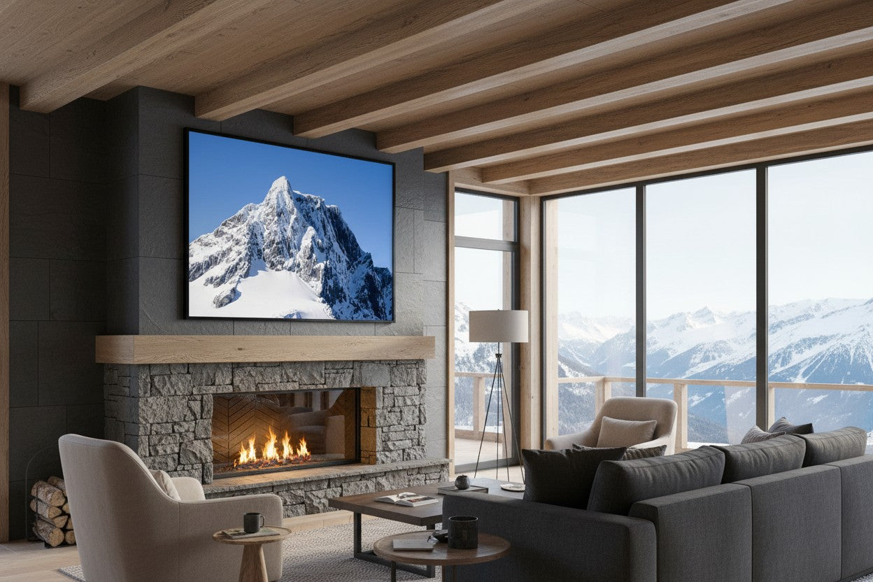 The Limit fine art print of Mount Pembroke Aotearoa displayed above a fireplace in a luxury alpine living room — unframed wall art