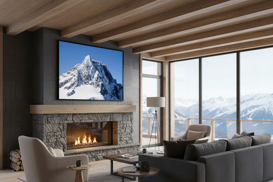 The Limit fine art print of Mount Pembroke Aotearoa displayed above a fireplace in a luxury alpine living room — unframed wall art
