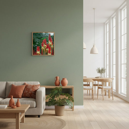 Torch Garden Kniphofia fine art print on a sage green feature wall in an Australian living room — unframed botanical wall art