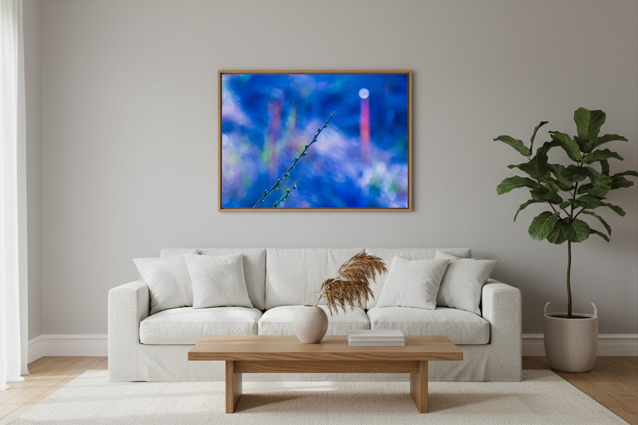 Towards The Light fine art print in a bright minimalist living room with white linen sofa and natural timber — unframed botanical wall art