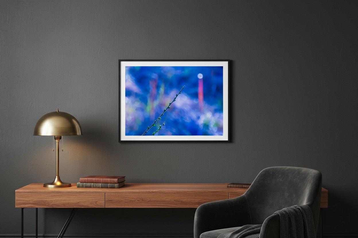 Towards The Light abstract botanical fine art print in a dark moody home office with charcoal walls — unframed statement wall art