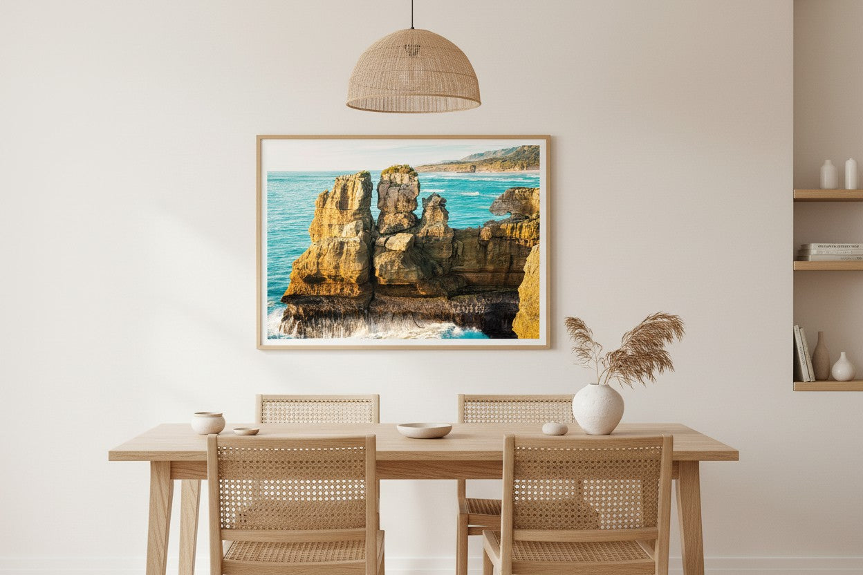What Can You Sea fine art print in a thin timber frame in a bright minimalist dining room with rattan chairs and coastal styling — unframed wall art