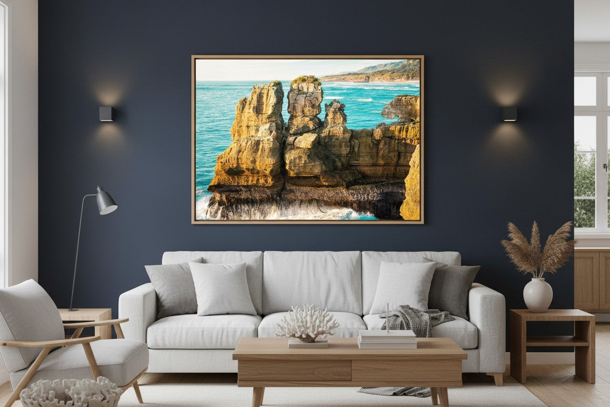 What Can You Sea fine art print in a thin timber frame on a deep navy feature wall in a sophisticated contemporary living room — unframed coastal landscape wall art